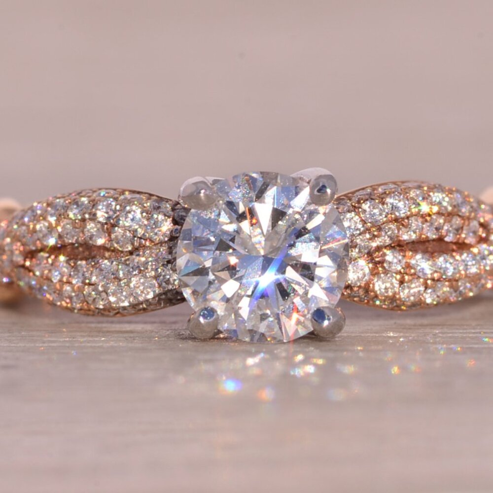 Signed Round Brilliant Cut Natural Diamond Engagement Ring in Rose Gold